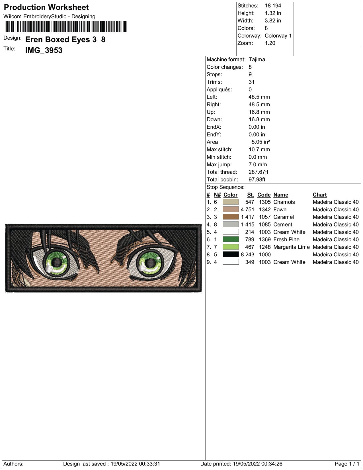 Eren Yeager Eyes v2 Embroidery Design Files - 3 Size's