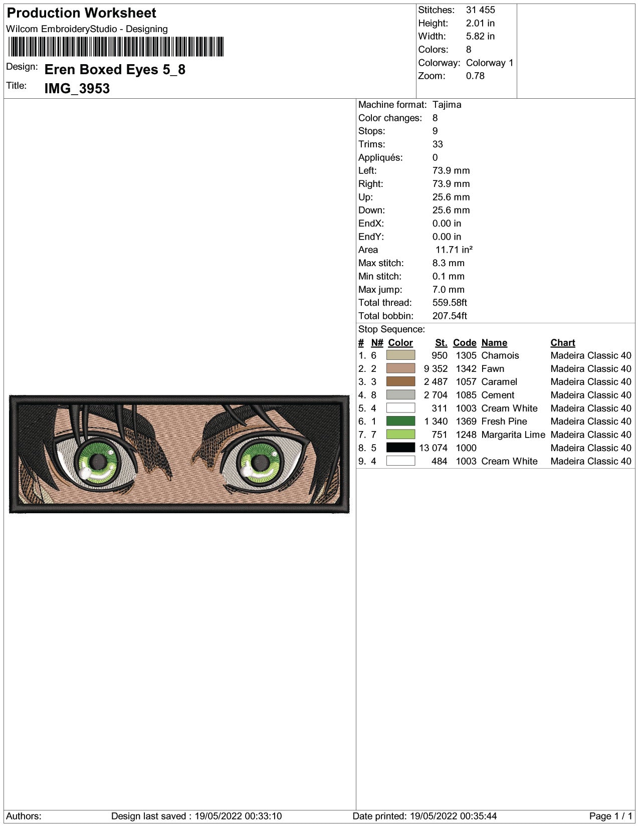 Eren Yeager Eyes v2 Embroidery Design Files - 3 Size's