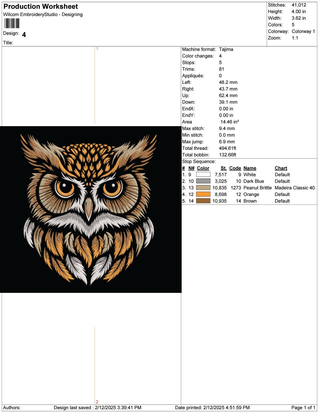Eurasian Eagle Owl Embroidery Design Files - 9 Size's