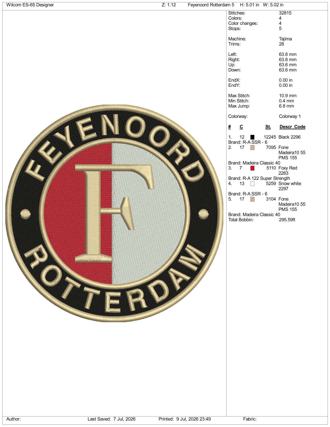 Feyenoord Rotterdam Football Logo Embroidery Design Files - 3 Size's