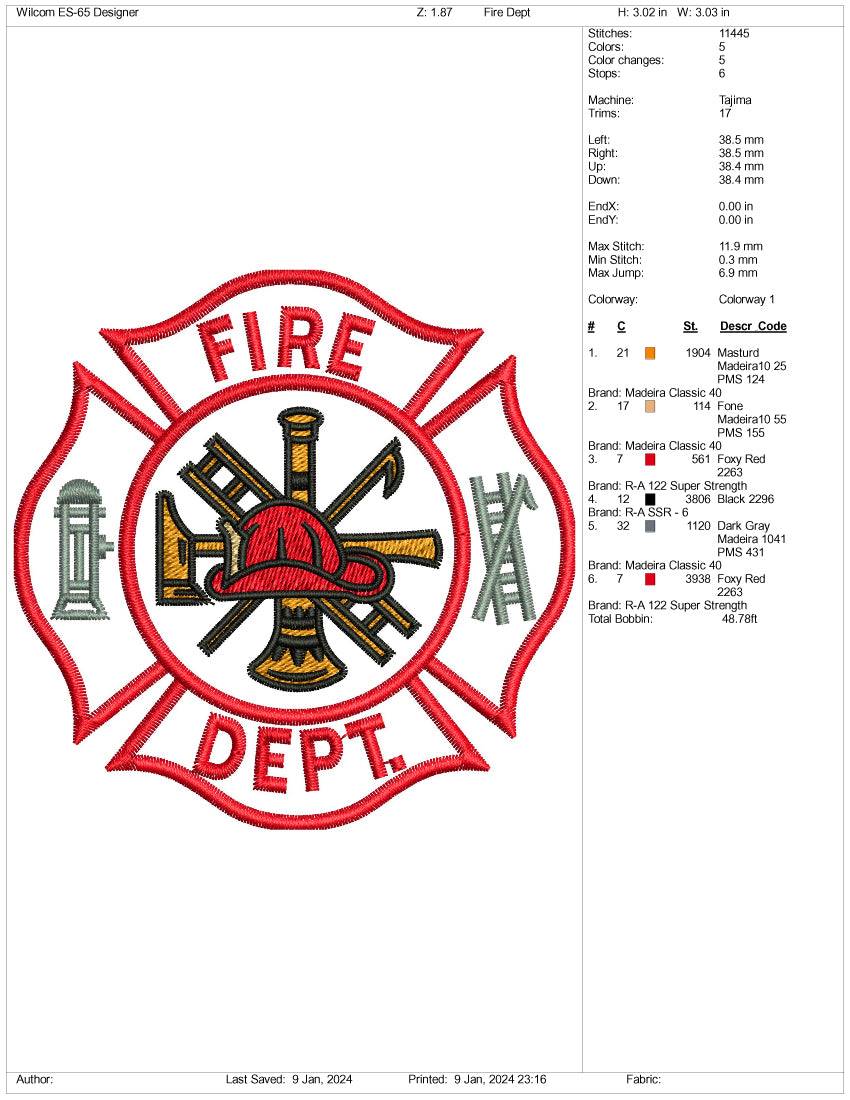 Fire Dept Embroidery Design Files - 3 Size's
