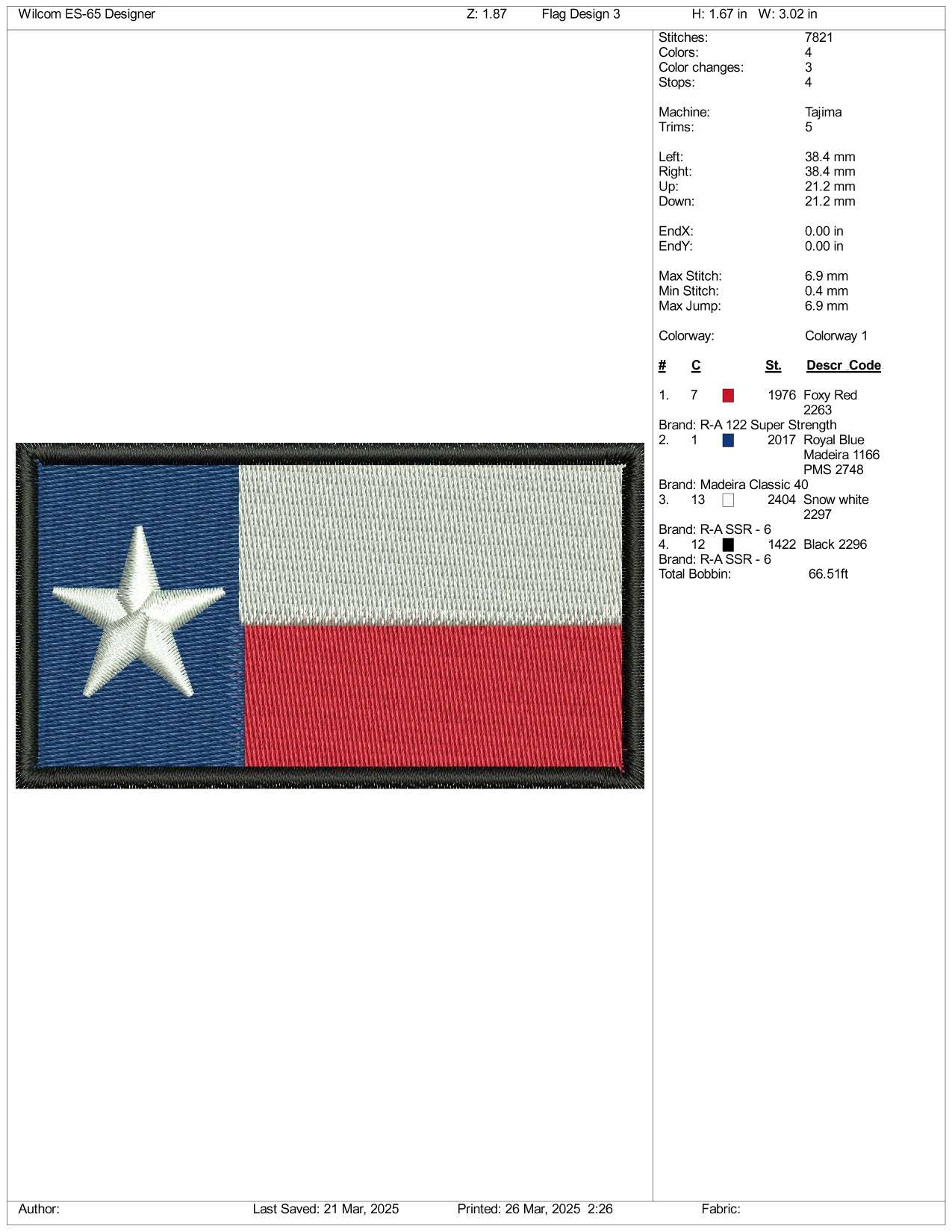 Texas Flag Embroidery Design Files - 3 Size's