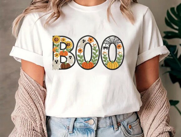 Floral Boo v2 Embroidery Design Files - 5 Size's