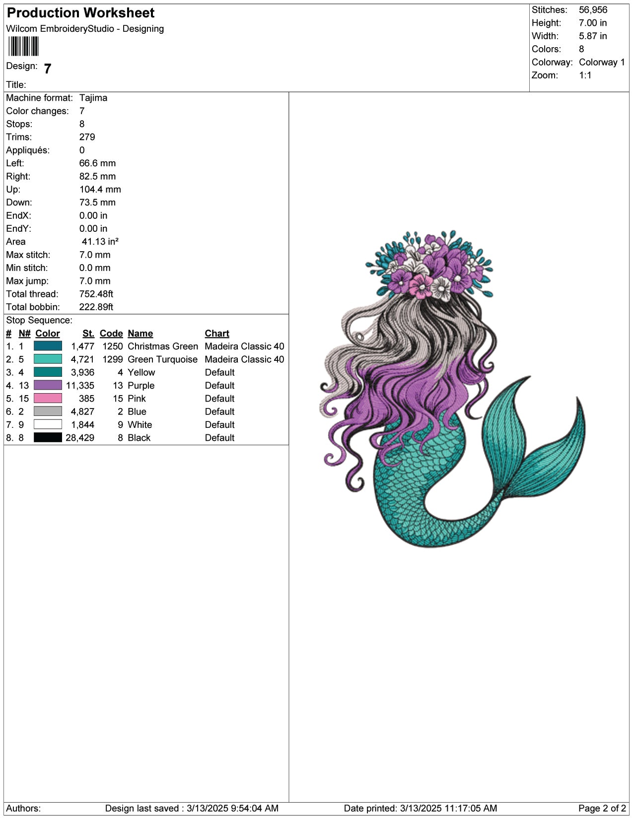 Floral Mermaid Embroidery Design Files - 5 Size's