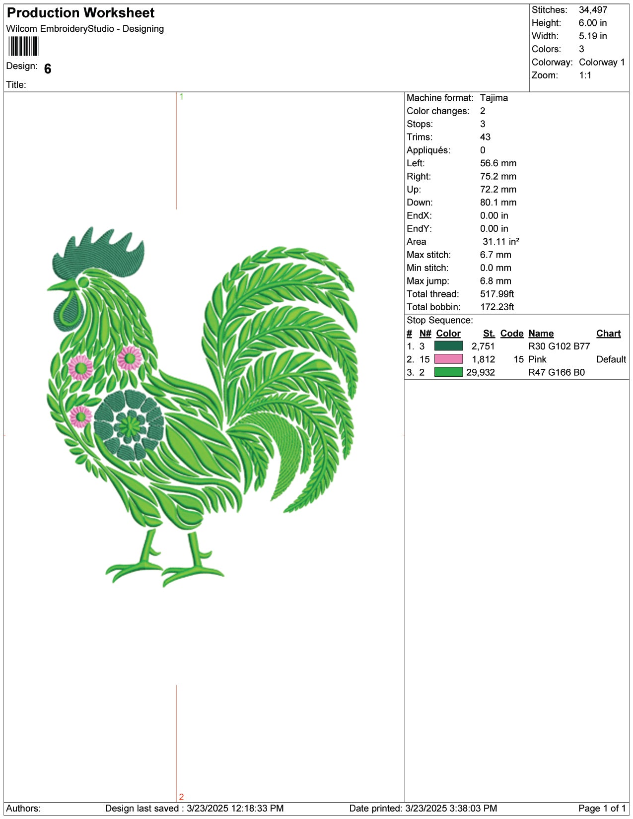 Floral Rooster Embroidery Design Files - 9 Size's