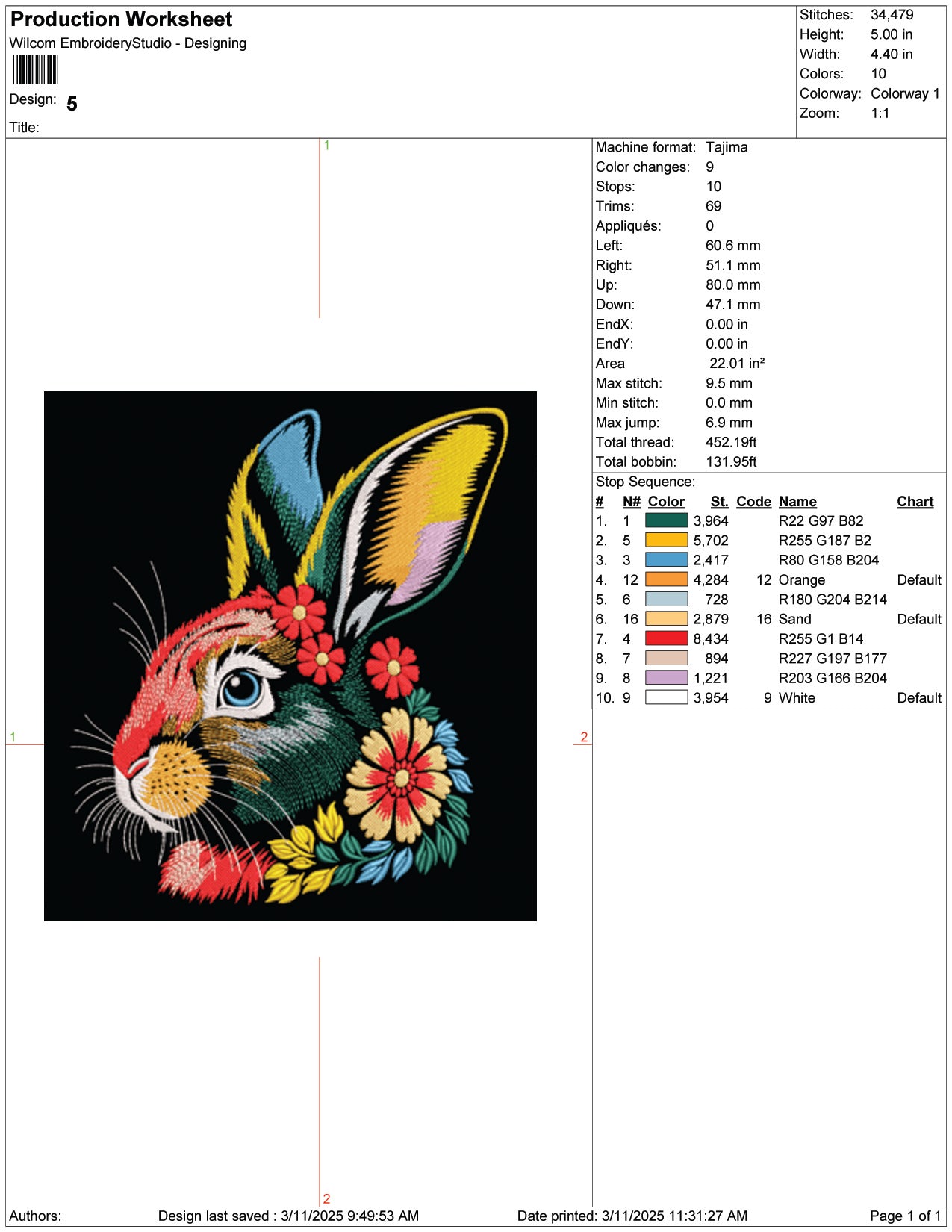 Floral Bunny Head Embroidery Design Files - 9 Size's