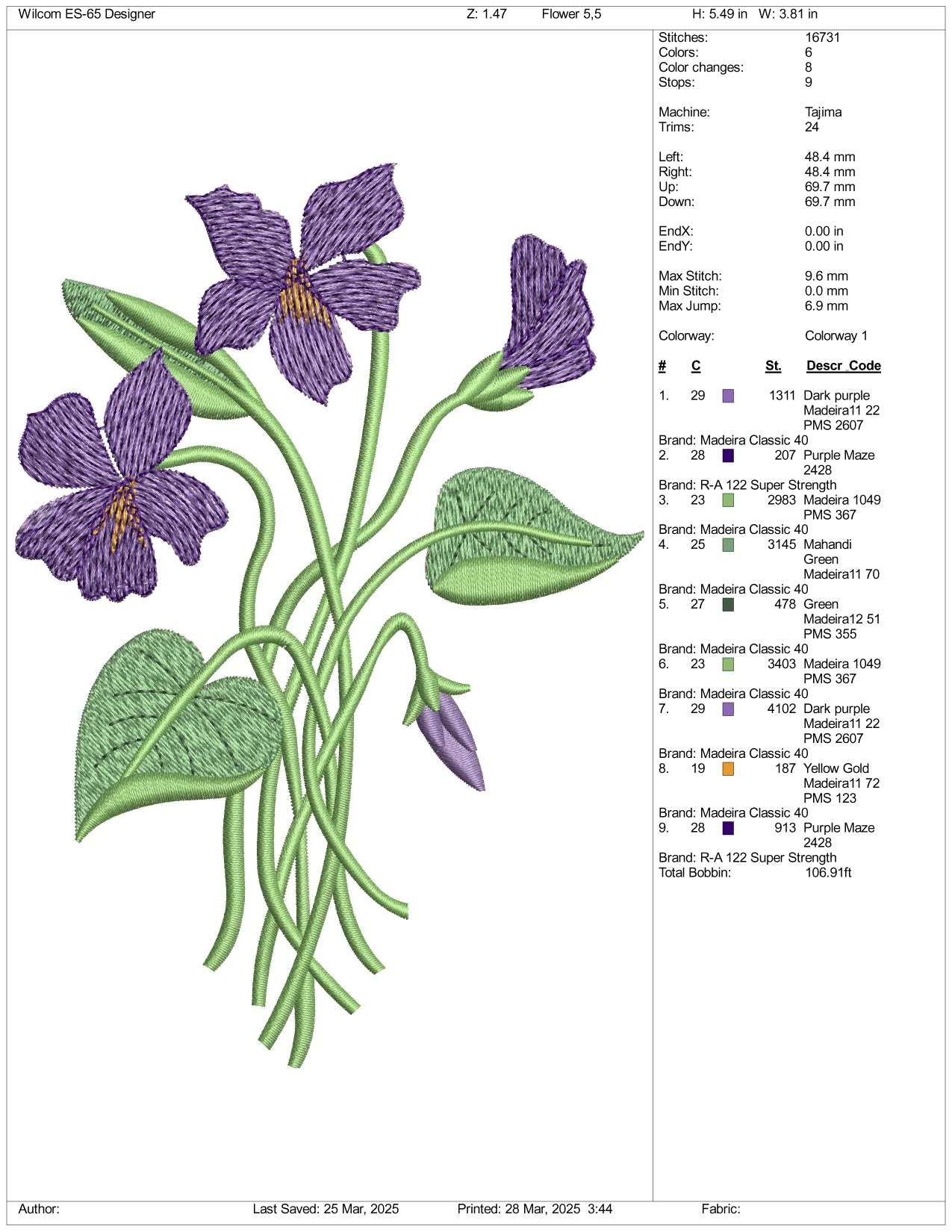 Violet Flower Embroidery Design Files - 3 Size's