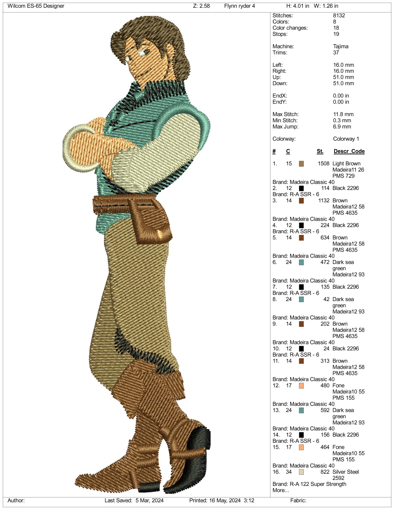 Archivos de diseño de bordado de Flynn Rider v1 - 3 tamaños
