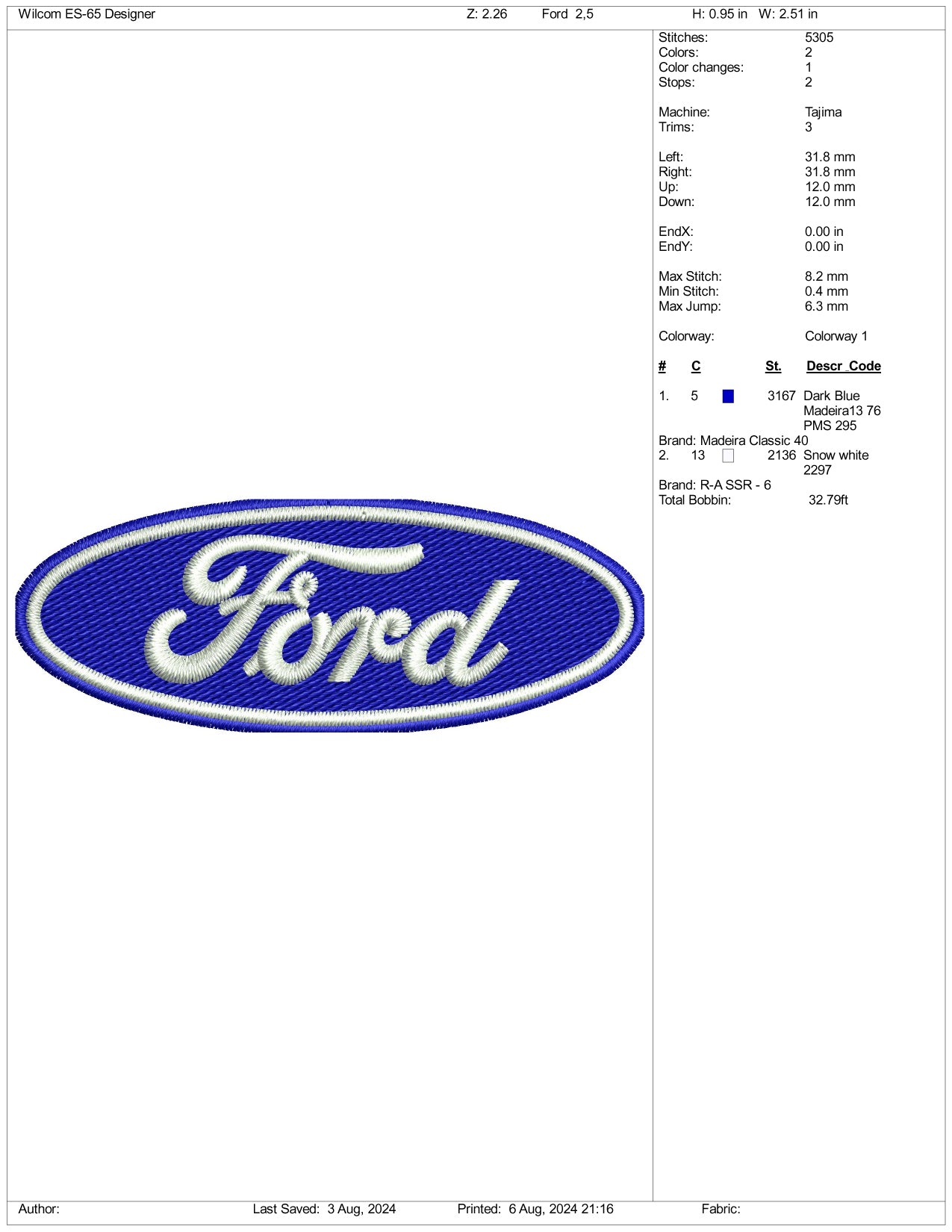 Ford Brand Logo Embroidery Files - 3 Size's