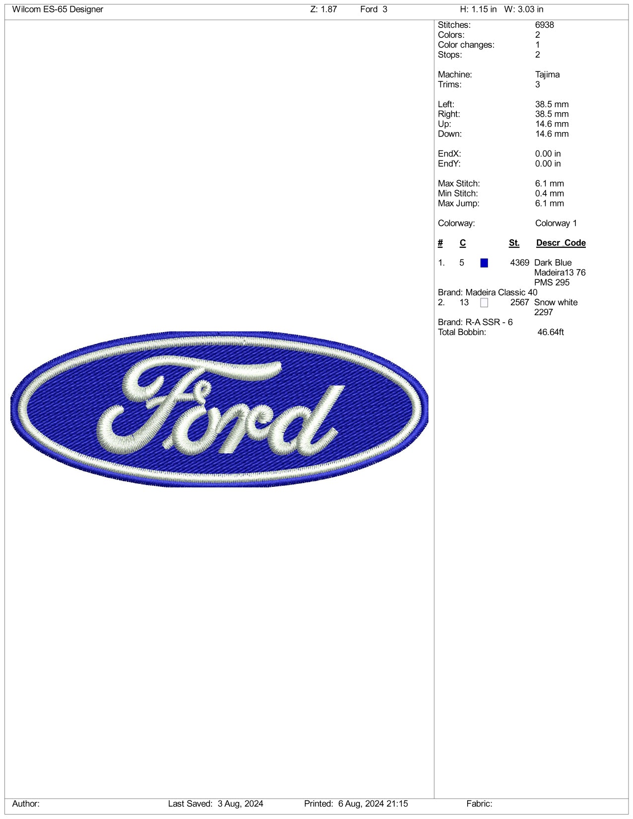Ford Brand Logo Embroidery Files - 3 Size's