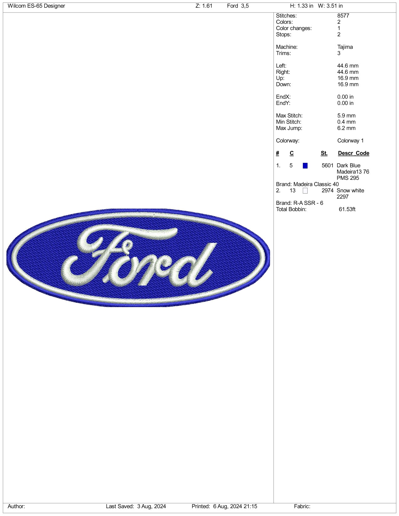 Ford Brand Logo Embroidery Files - 3 Size's