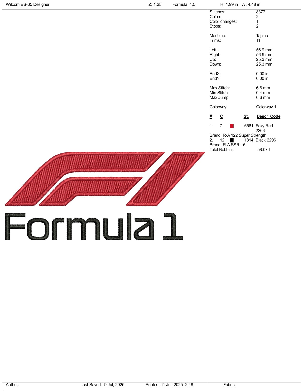 Formula F1 Logo Embroidery Design Files - 3 Size's