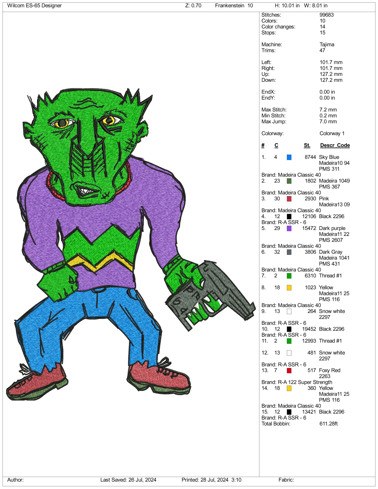 Cartoon Frankenstein Embroidery Files - 3 Size's