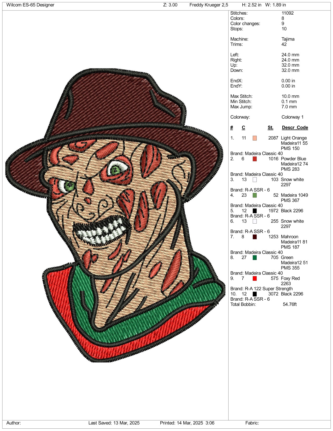 Freddy Krueger Face Embroidery Files - 3 Size's