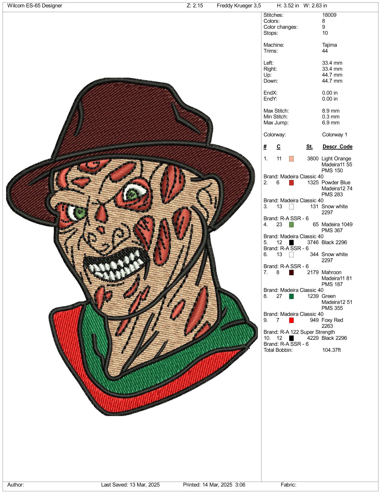 Freddy Krueger Face Embroidery Files - 3 Size's