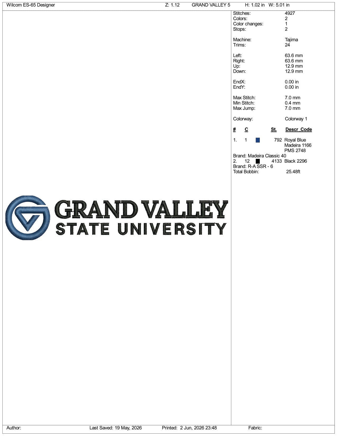 Grand Valley State University Logo Embroidery Design Files - 3 Size's