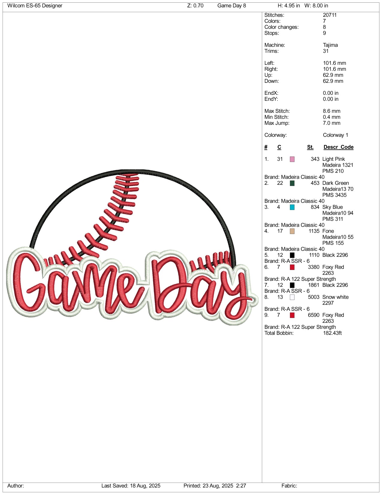 Baseball Game Day Embroidery Files - 3 Size's