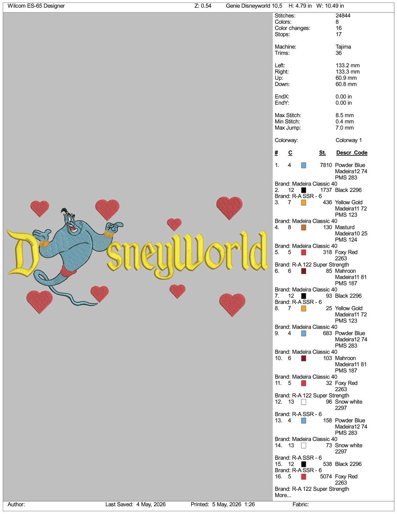 Genie Disneyworld Embroidery Design Files - 3 Size's