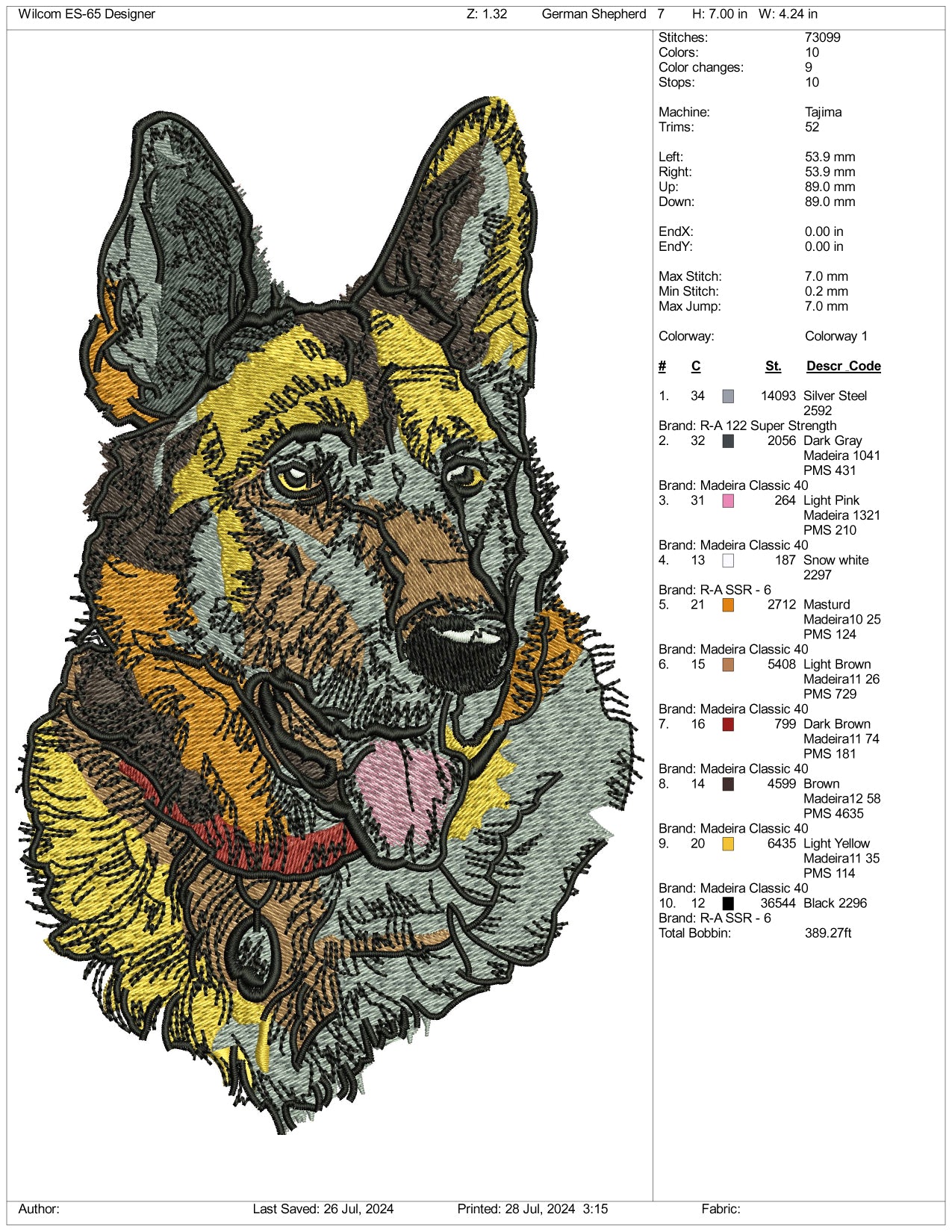 German Shepherd Embroidery Files - 3 Size's