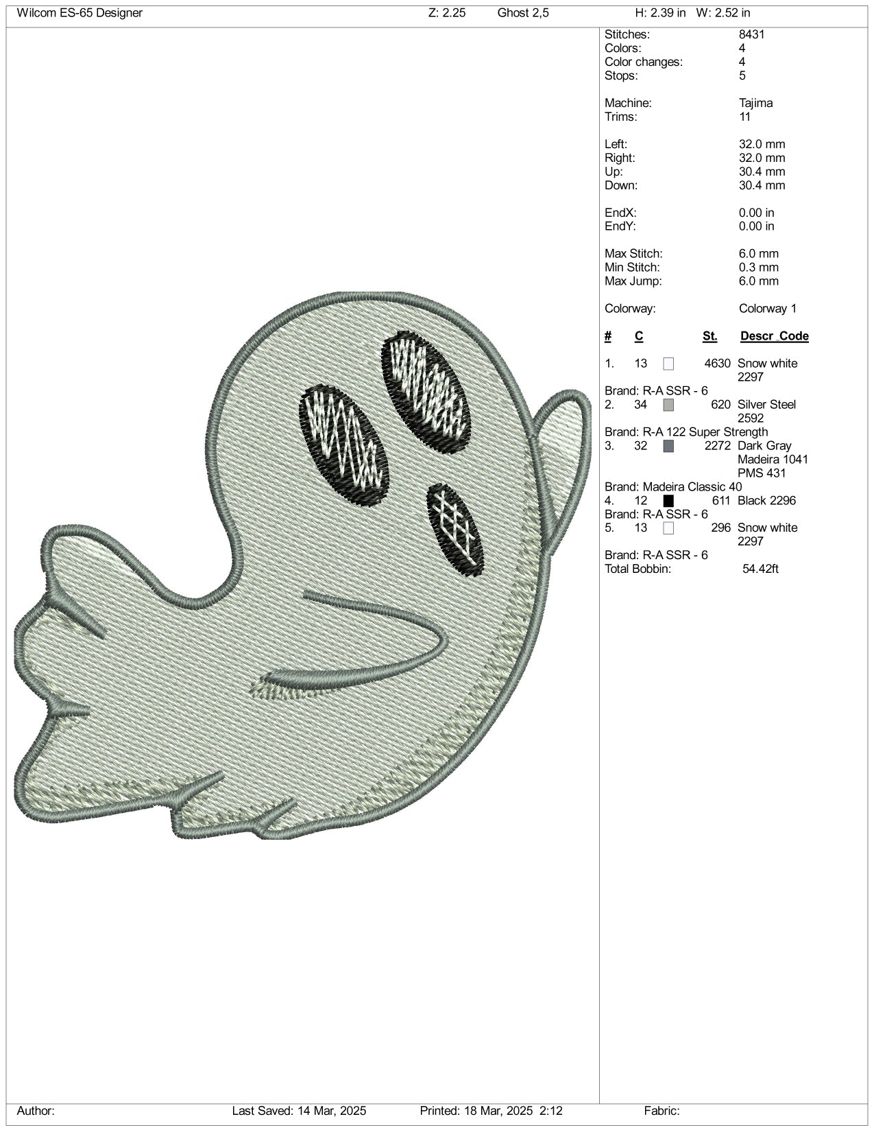 Ghost Embroidery Design Files - 3 Size's