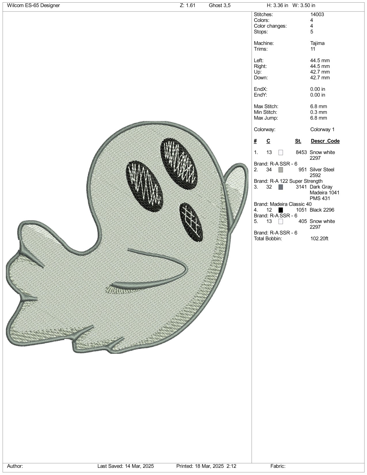 Ghost Embroidery Design Files - 3 Size's