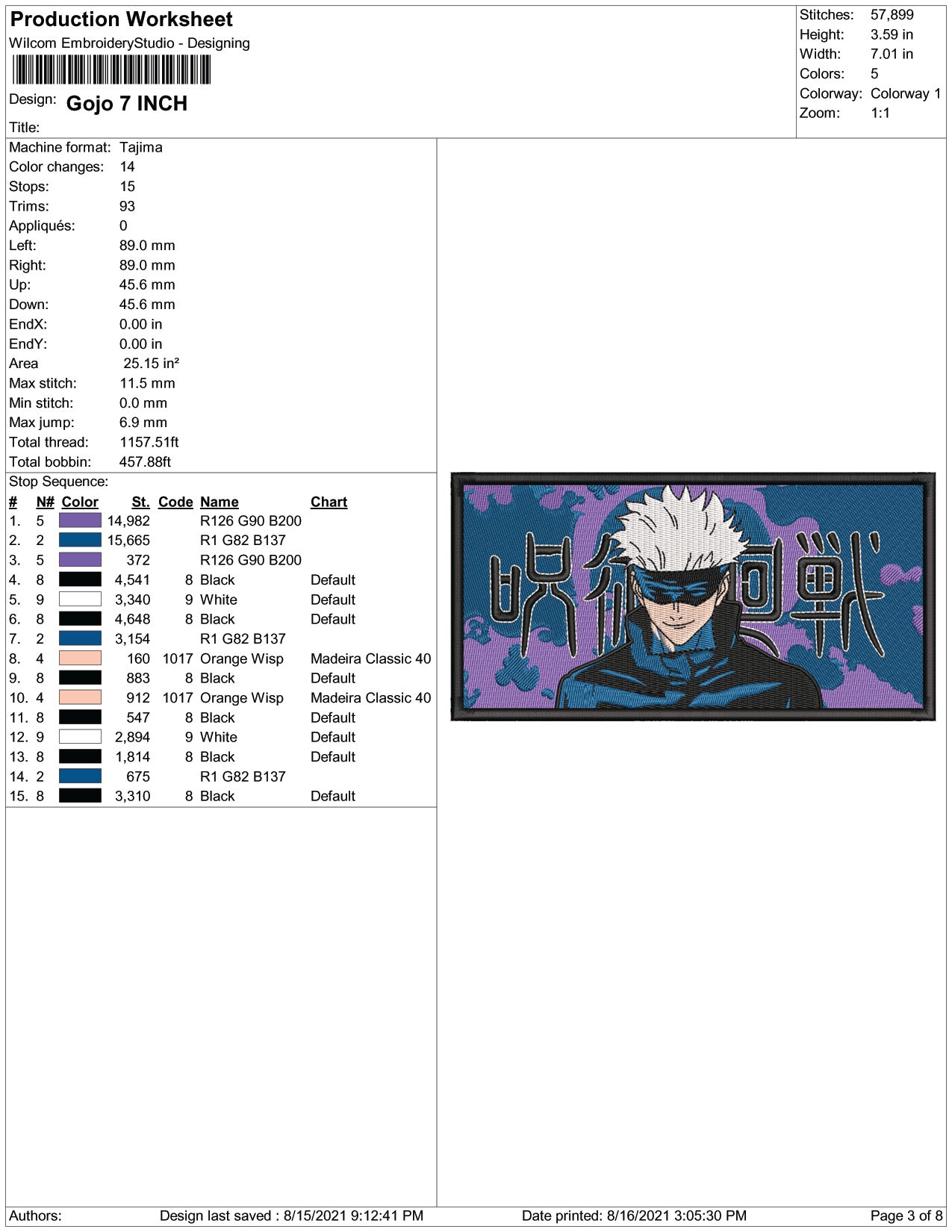 Satoru Gojo v6 Embroidery Design Files - 4 Size's