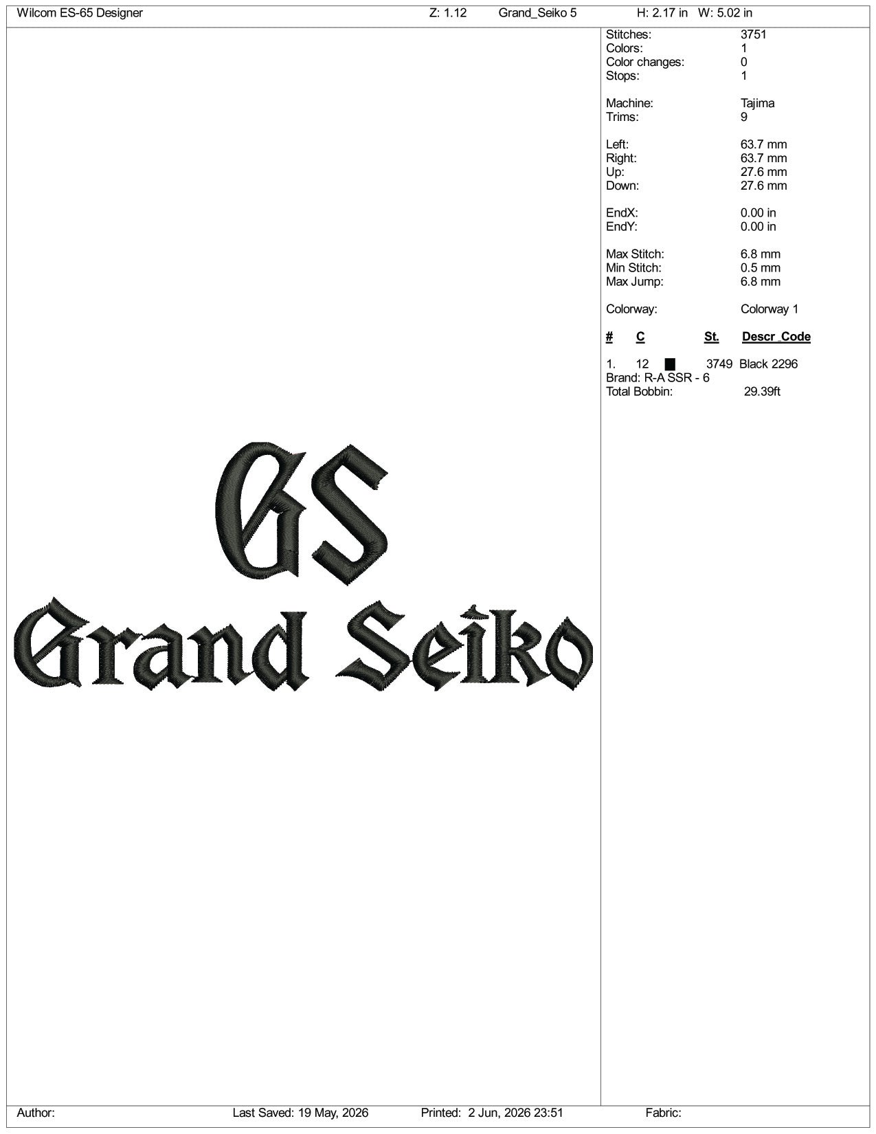 Grand Seiko Logo Embroidery Design Files - 3 Size's