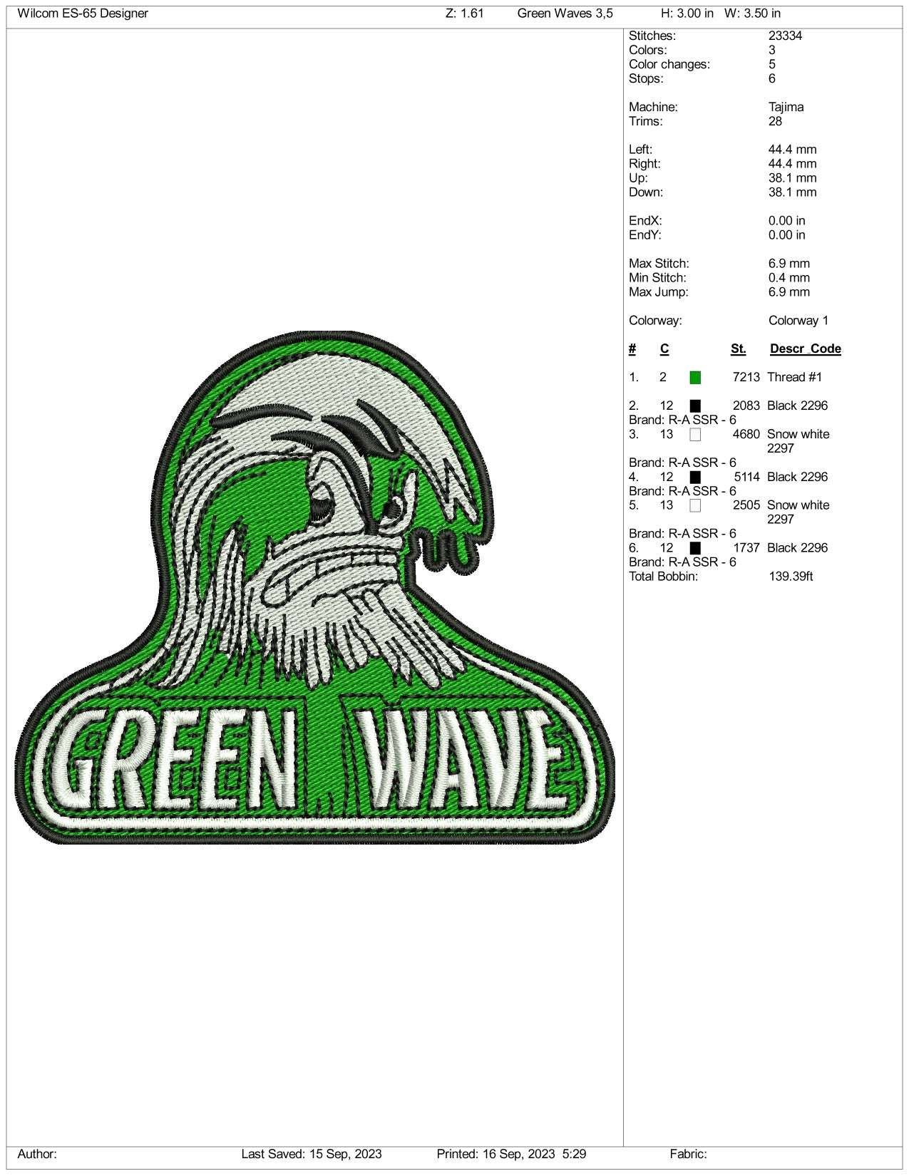 Green Wave Embroidery Design Files - 3 Size's
