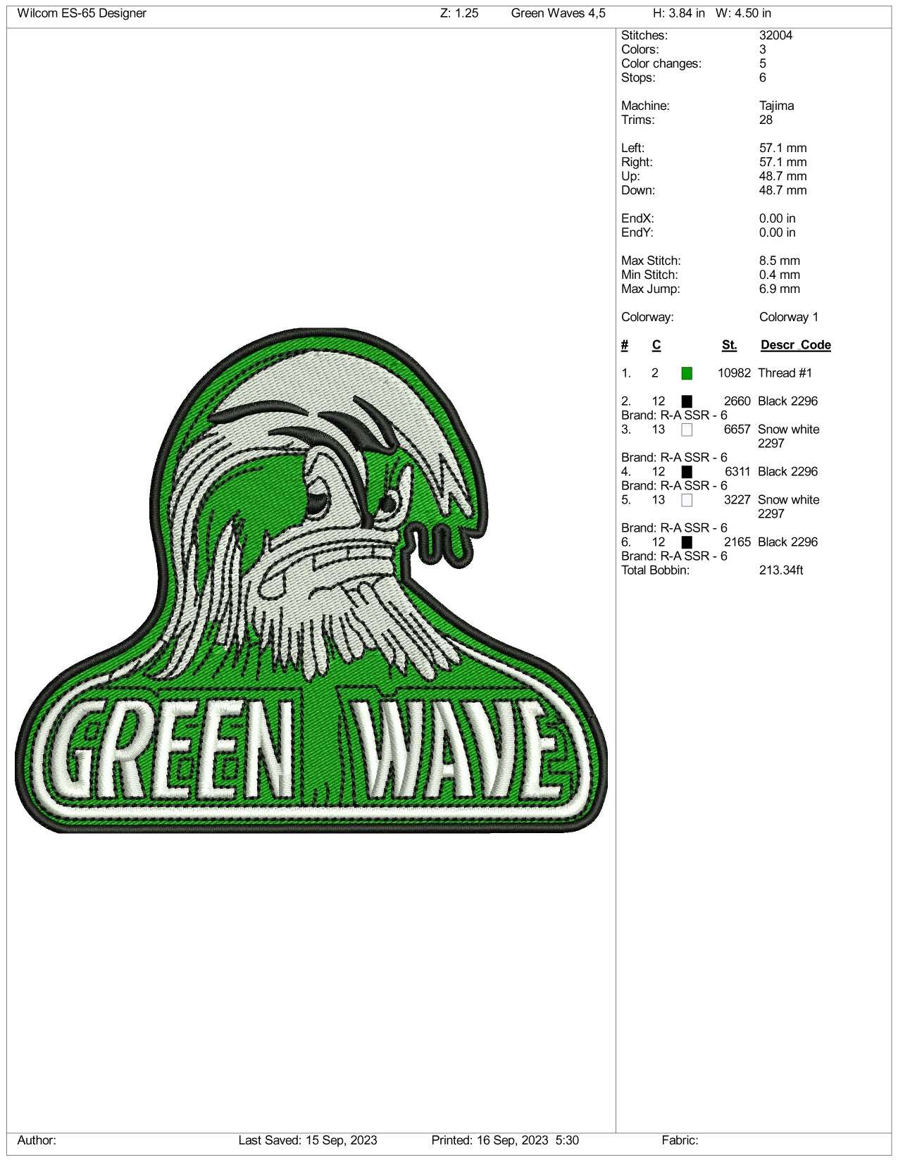 Green Wave Embroidery Design Files - 3 Size's