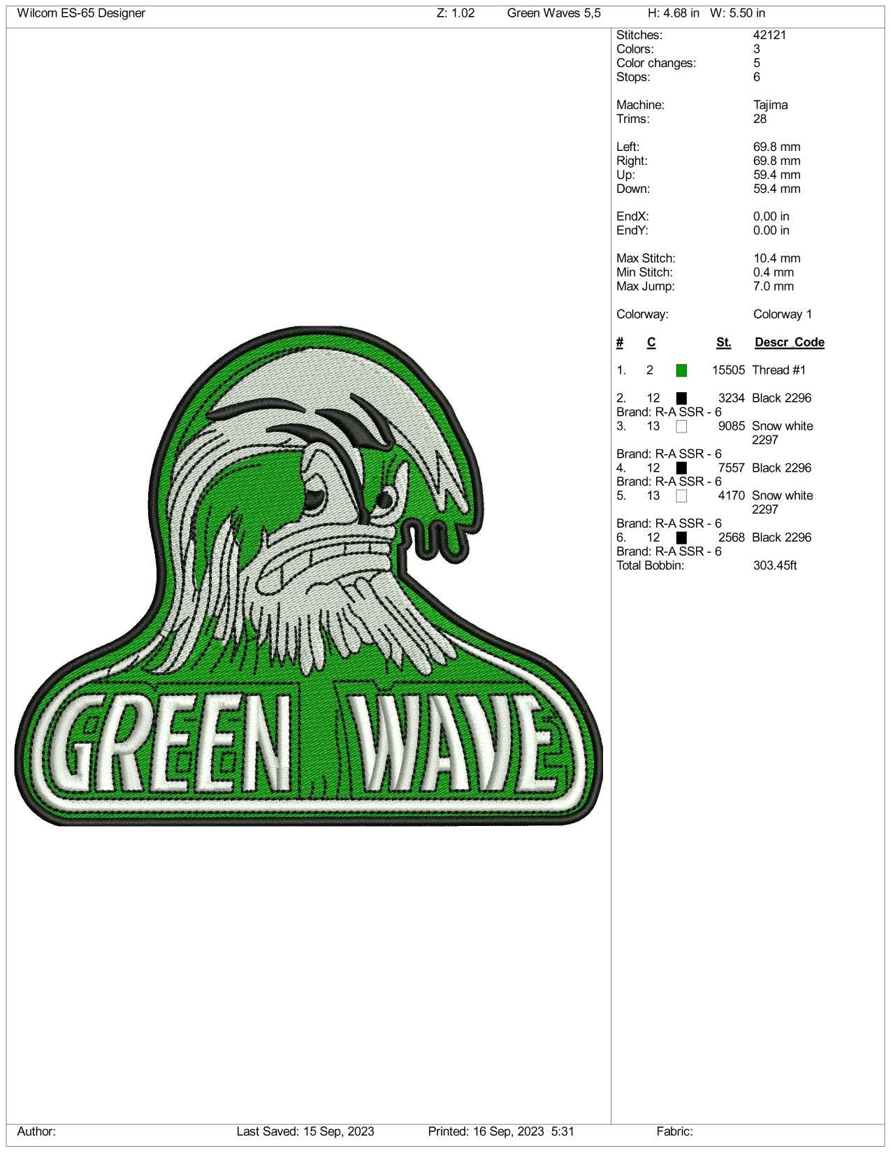 Green Wave Embroidery Design Files - 3 Size's