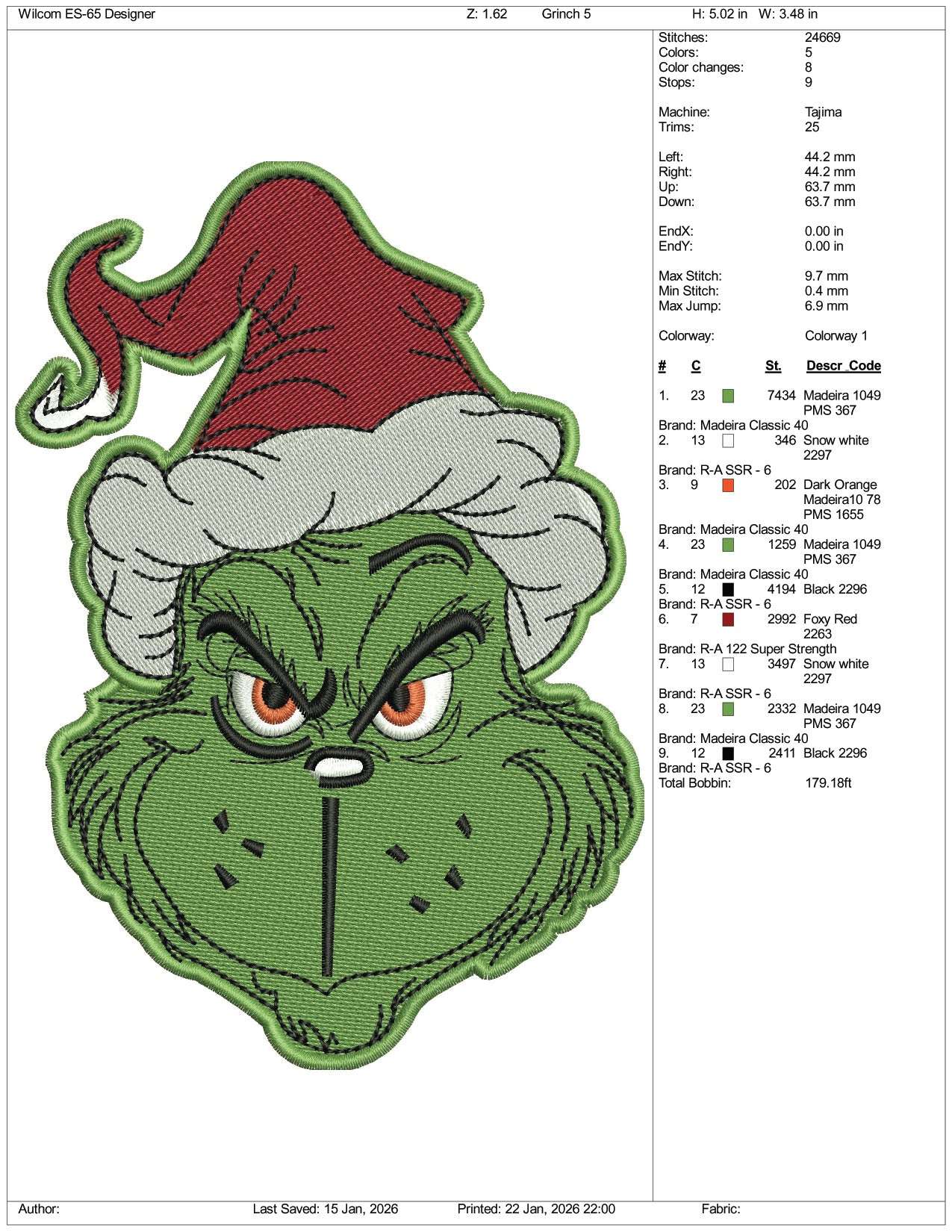 Grinch Face v10 Embroidery Design Files - 5 Size's