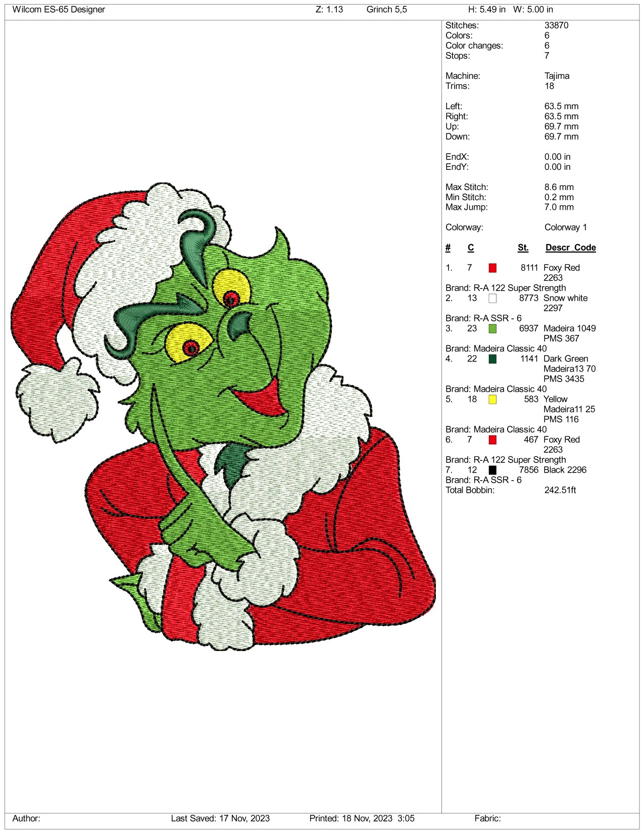 Santa Grinch v6 Embroidery Design Files - 3 Size's