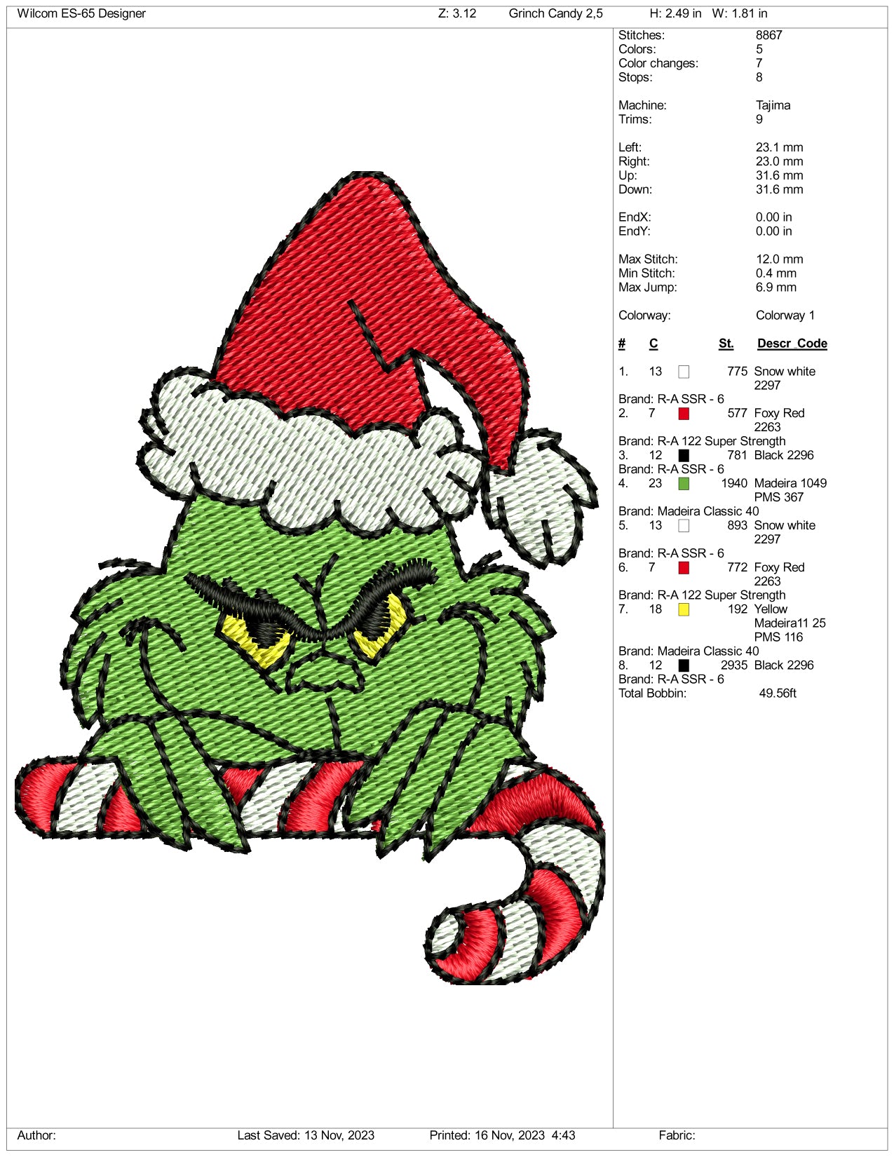 Santa Grinch v2 Embroidery Design Files - 3 Size's
