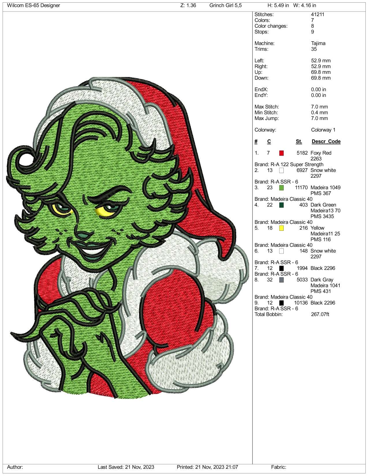 Lady Grinch Embroidery Design Files - 3 Size's