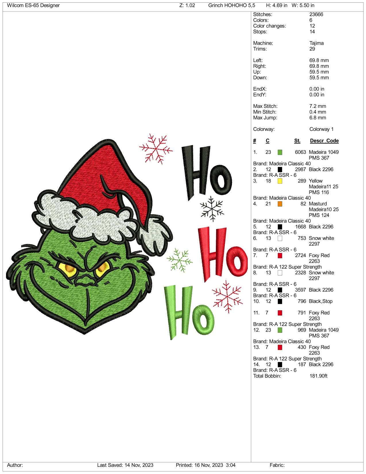 Grinch Ho Ho Ho Embroidery Design Files - 3 Size's