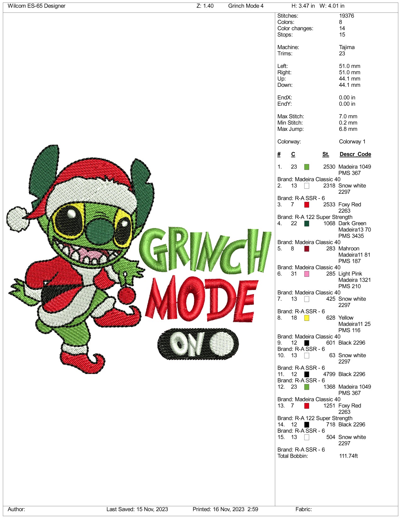 Archivos de diseño de bordado "Coser al Grinch" (3 tamaños)