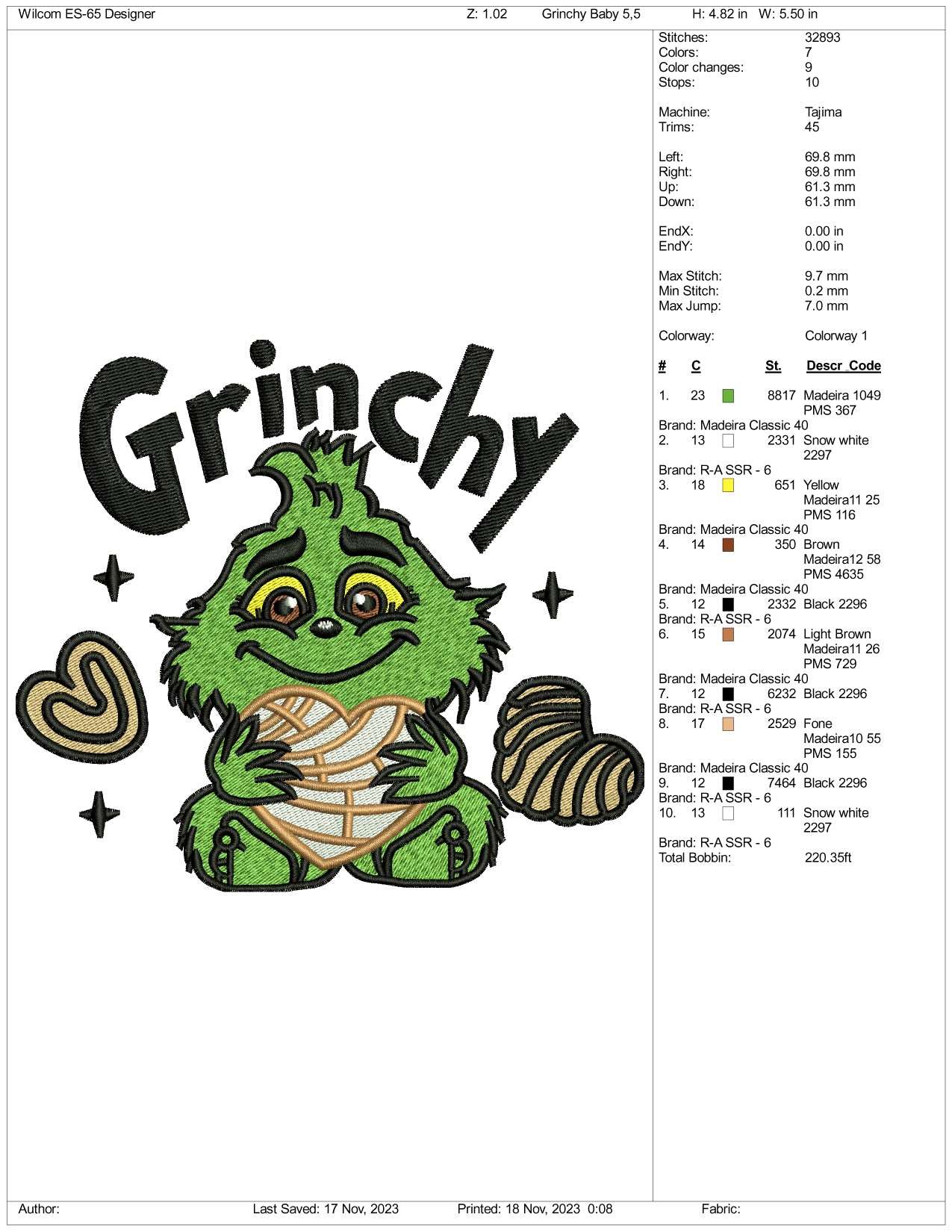 Grinchy Embroidery Design Files - 3 Size's