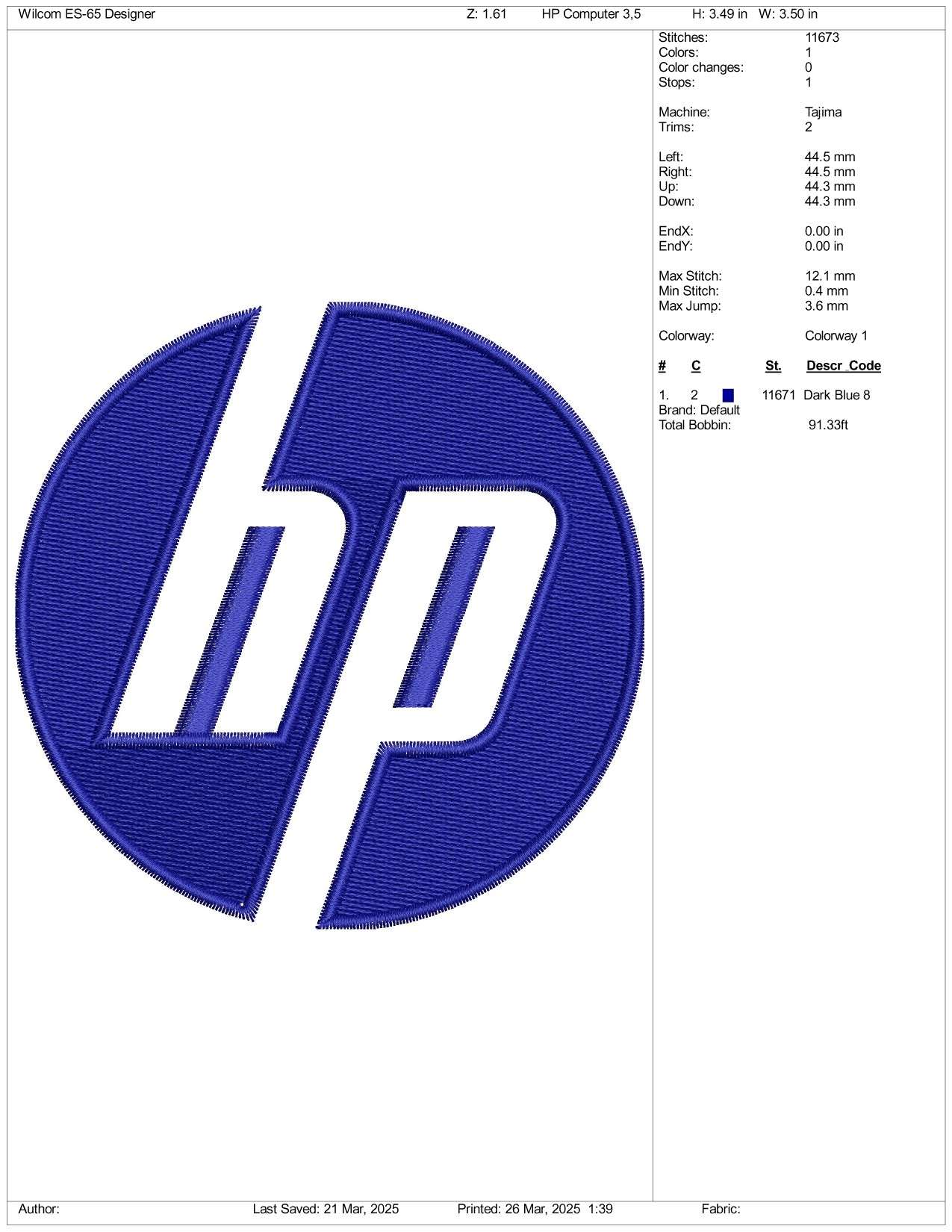 HP Logo Embroidery Design Files - 3 Size's