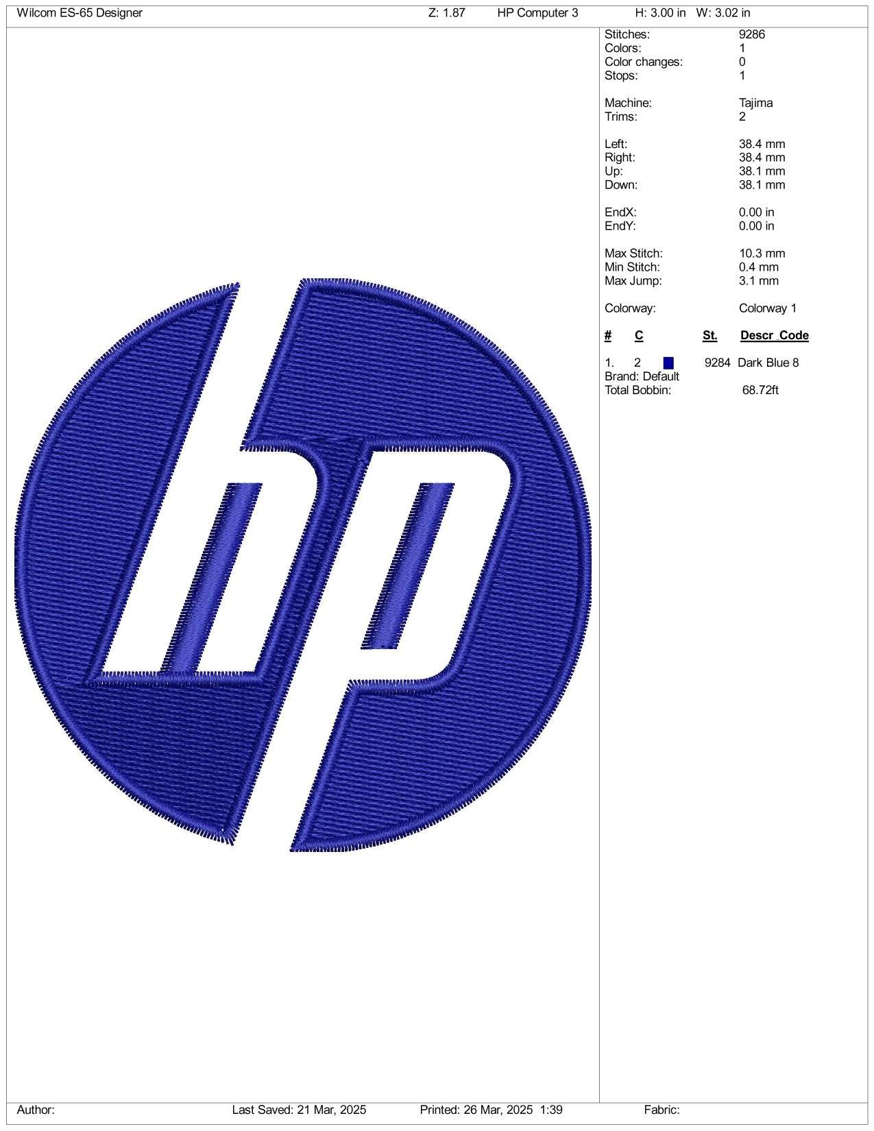 HP Logo Embroidery Design Files - 3 Size's