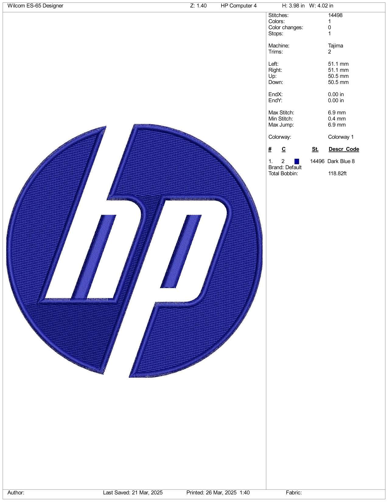 HP Logo Embroidery Design Files - 3 Size's