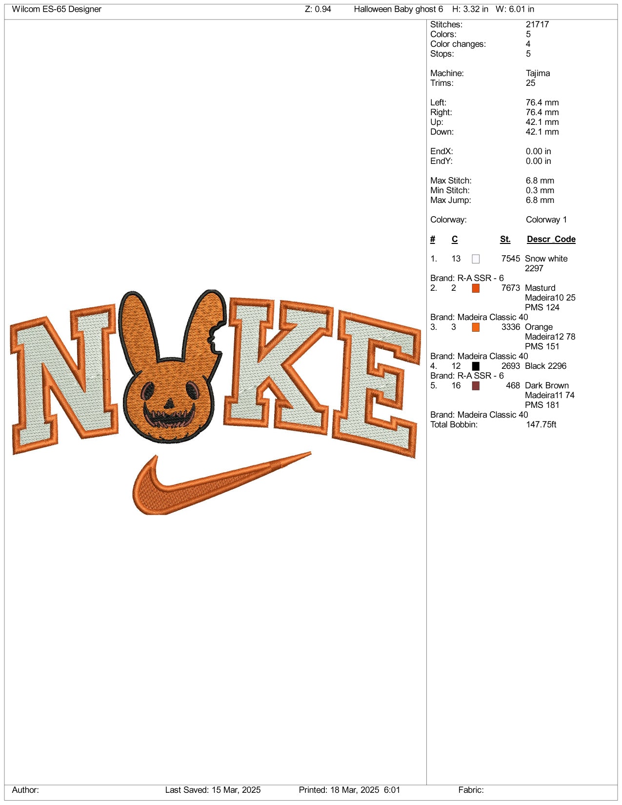 Nike Halloween Cookie Rabbit Embroidery Files - 3 Size's