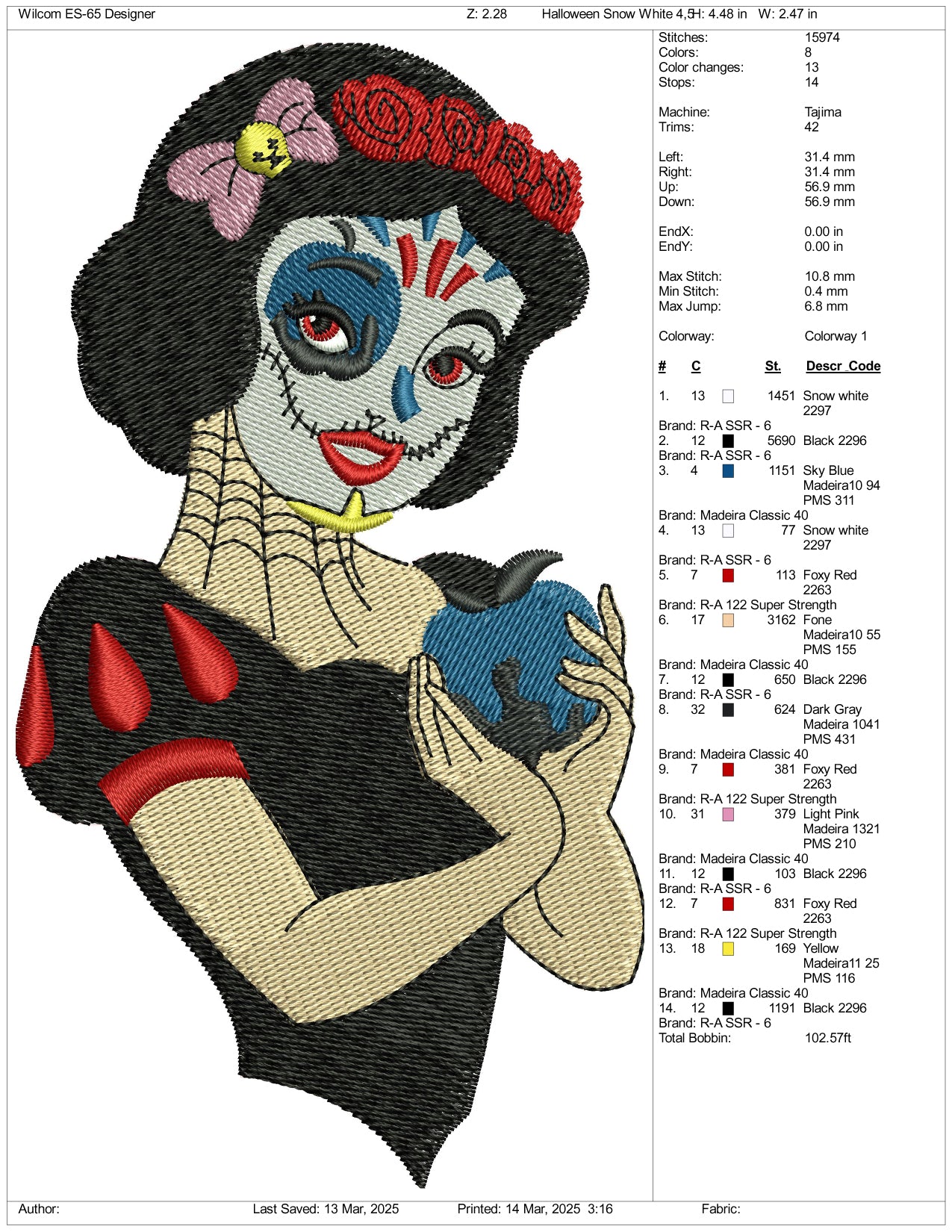 Snow White Ghost Cosplay Embroidery Files - 3 Size's