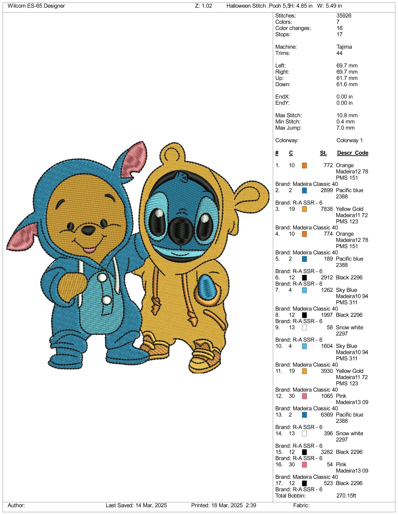 Pooh & Stitch Cosplay Embroidery Files - 3 Size's