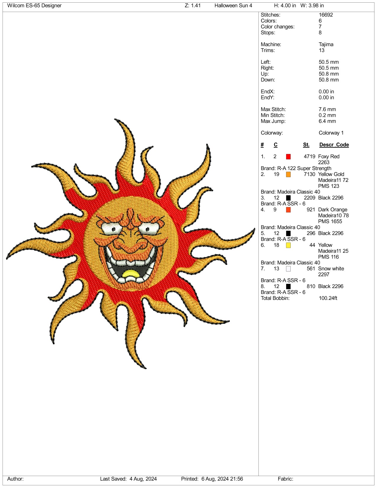 Sassy Sun Embroidery Files - 3 Size's