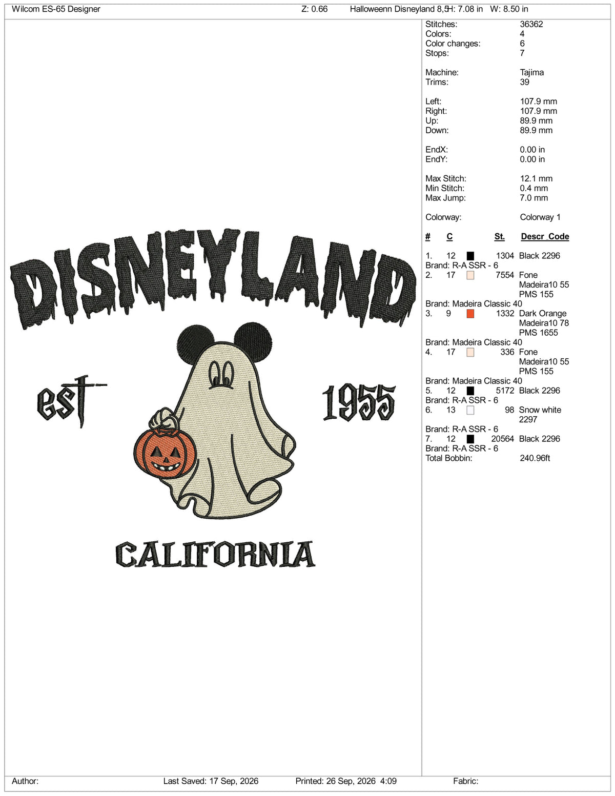 Disneyland Est 1955 California Embroidery Design Files - 3 Size's