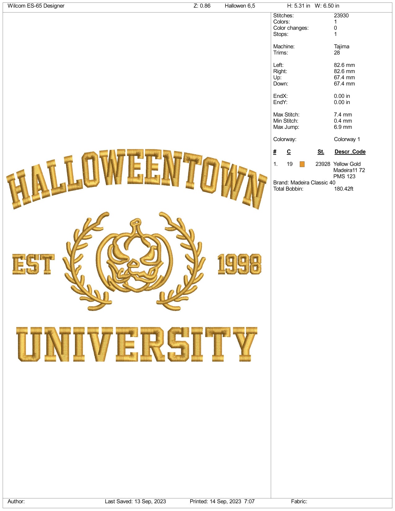 Archivos de diseño de bordado de Halloween Town University (3 tamaños)