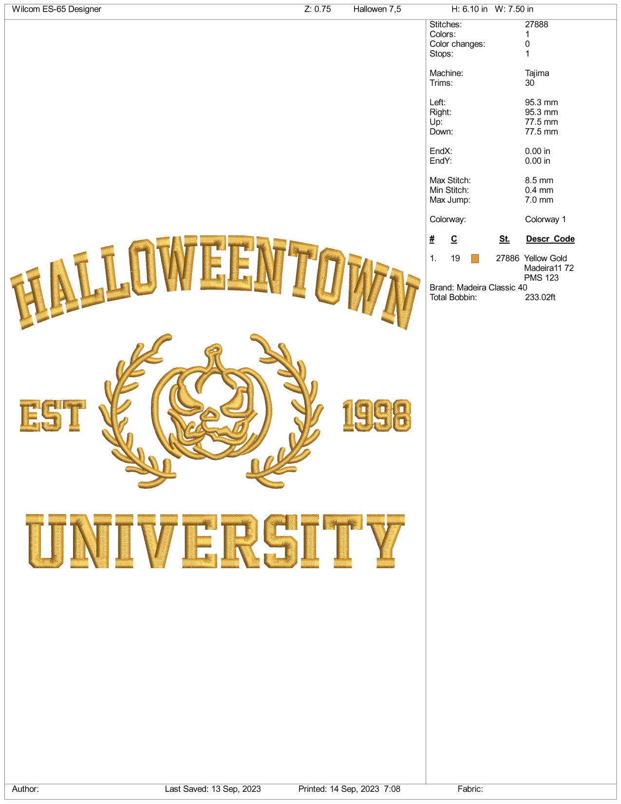 Archivos de diseño de bordado de Halloween Town University (3 tamaños)
