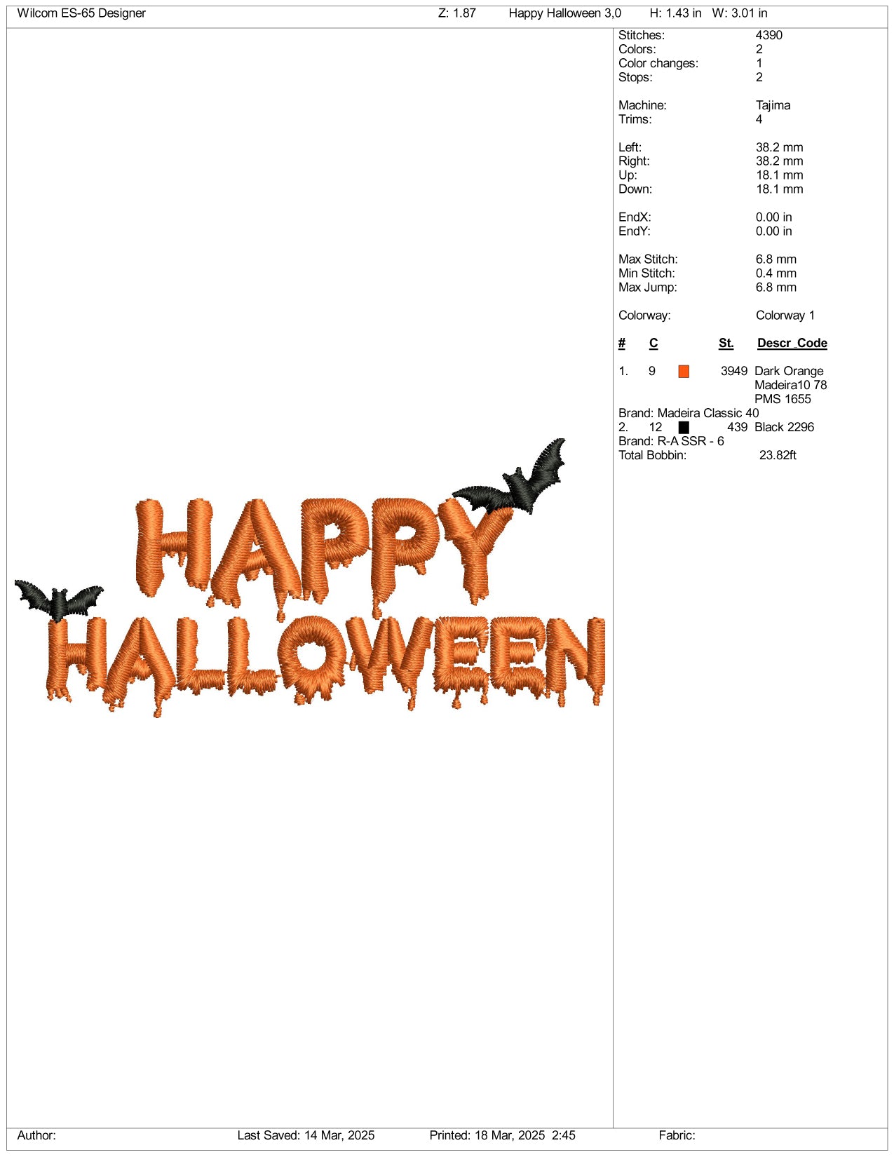 Happy Halloween v2 Embroidery Design Files - 3 Size's