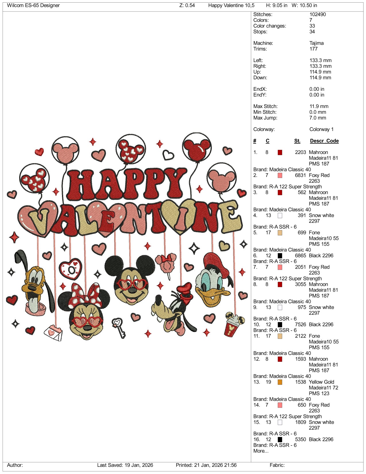 Happy Valentine Disneyland Embroidery Design Files - 3 Size's