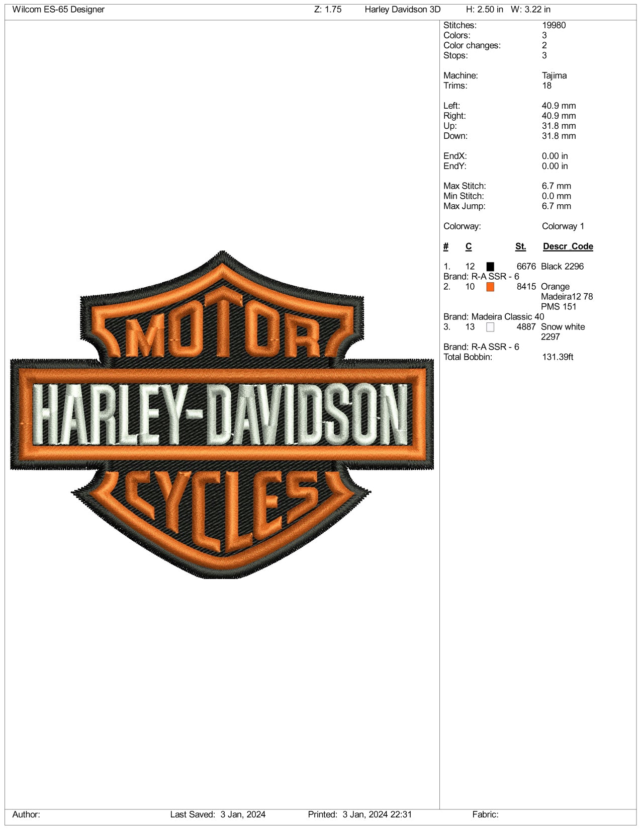 Archivos de diseños de bordado de motocicletas Harley Davidson (3 tamaños)